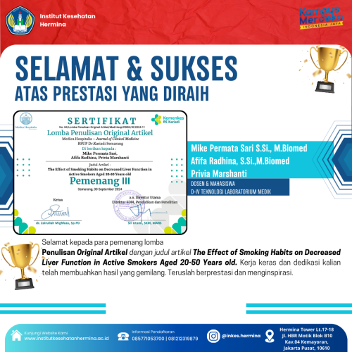  Pemenang III dalam Lomba Penulisan Original Artikel Medica Hospital RSUP Dr. Kariadi.